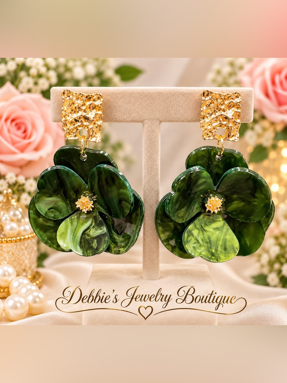 Green Flower Drop Earrings Gold Tone Floral Statement 2 Inch Dangle - Picture 6 of 6